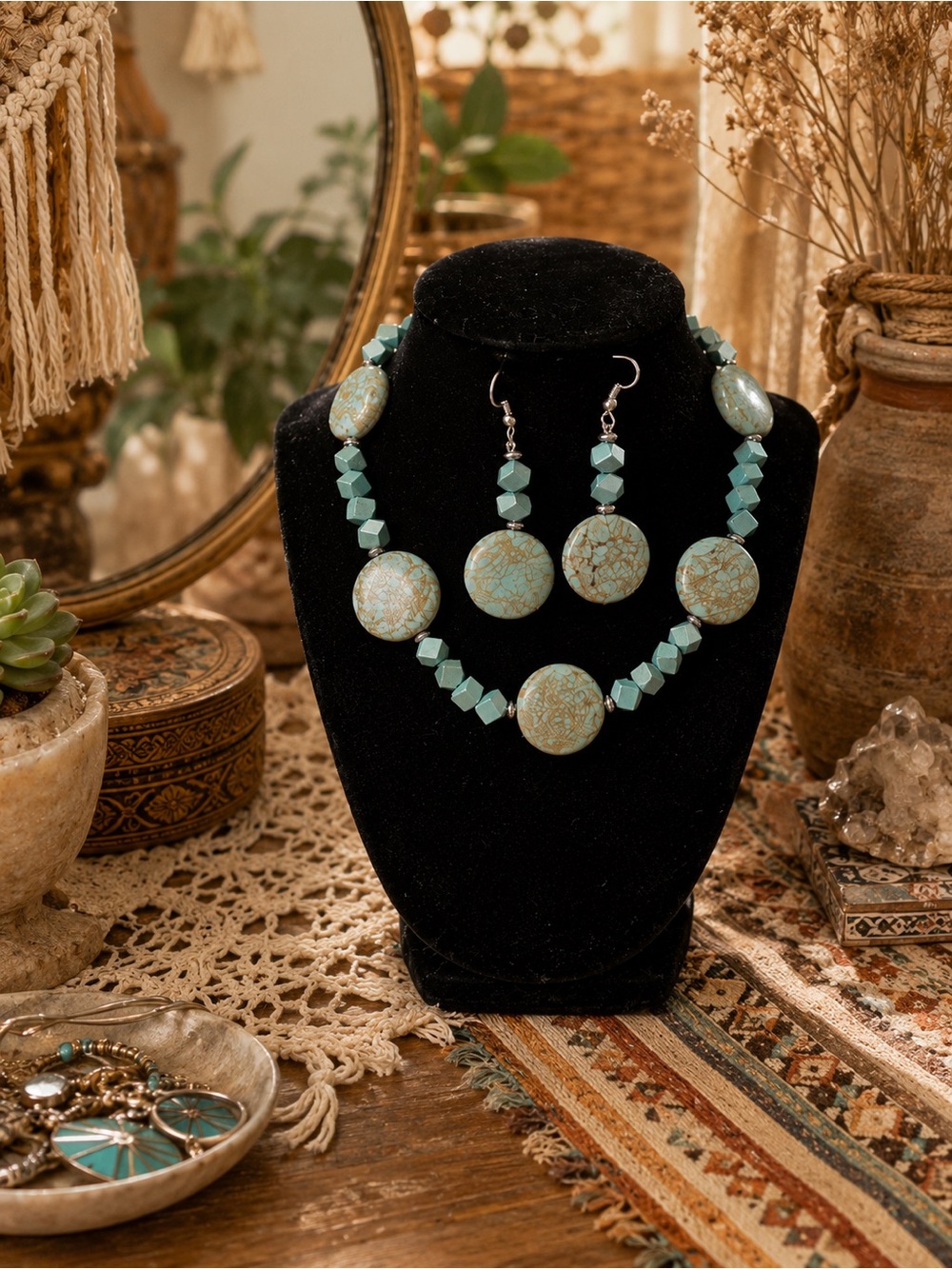 Artisan Geometric Blue Stone Faux Turquoise Choker Necklace Earrings Set 14”